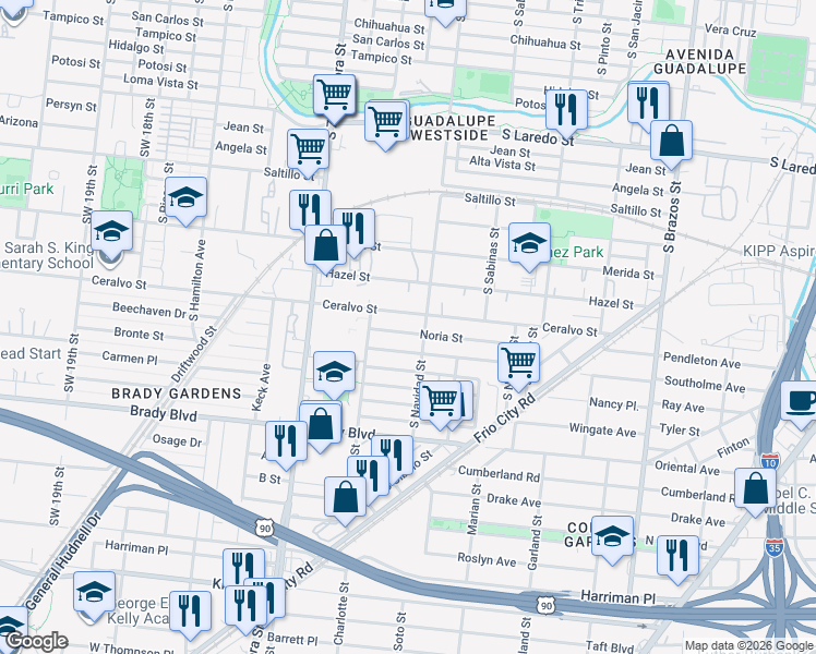 map of restaurants, bars, coffee shops, grocery stores, and more near 323 Noria Street in San Antonio