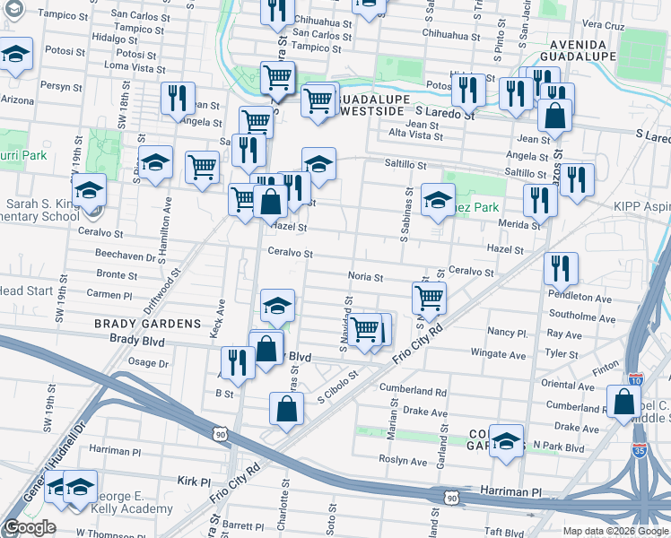 map of restaurants, bars, coffee shops, grocery stores, and more near 323 Noria St in San Antonio