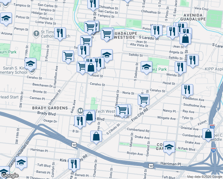 map of restaurants, bars, coffee shops, grocery stores, and more near 323 Noria Street in San Antonio