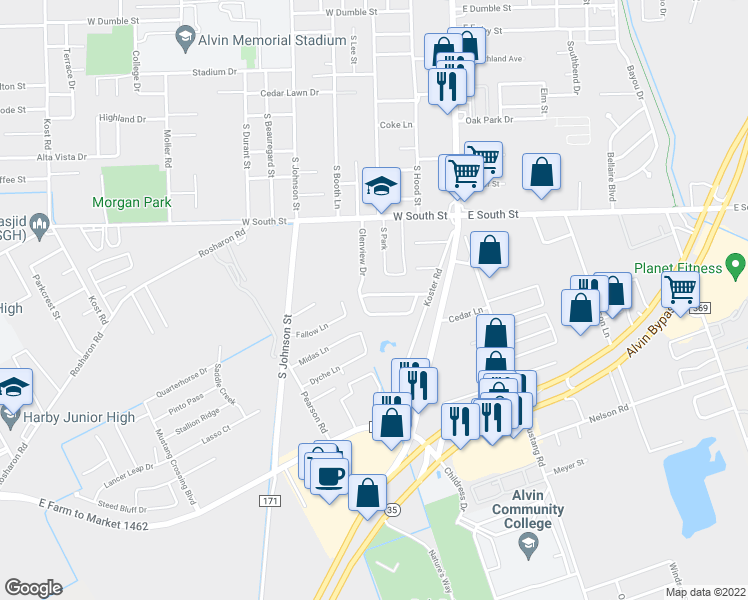 map of restaurants, bars, coffee shops, grocery stores, and more near 1728 Glenview Drive in Alvin