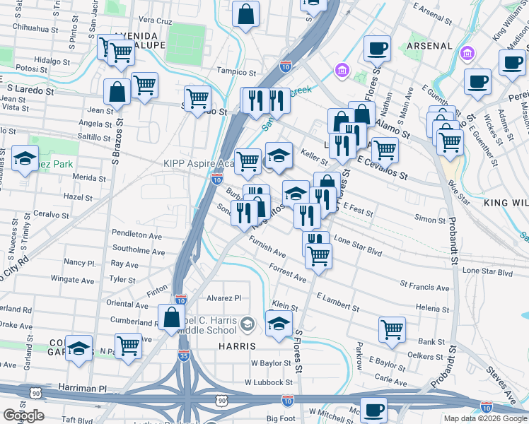 map of restaurants, bars, coffee shops, grocery stores, and more near 105 Burbank Street in San Antonio