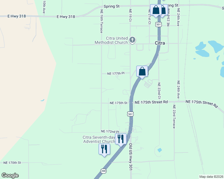 map of restaurants, bars, coffee shops, grocery stores, and more near 17601 Northeast 16th Terrace in Citra