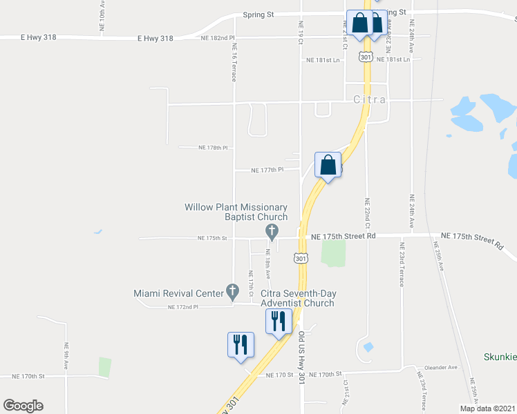 map of restaurants, bars, coffee shops, grocery stores, and more near 17601 Northeast 16th Terrace in Citra