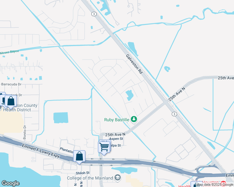map of restaurants, bars, coffee shops, grocery stores, and more near 8205 Jade Court in Texas City