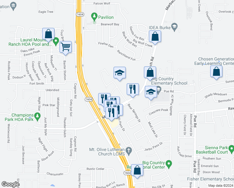 map of restaurants, bars, coffee shops, grocery stores, and more near 2243 Bear Springs Drive in San Antonio