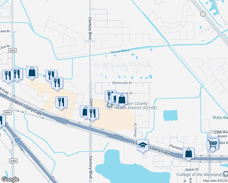 map of restaurants, bars, coffee shops, grocery stores, and more near 9610 Amberjack Drive in Texas City