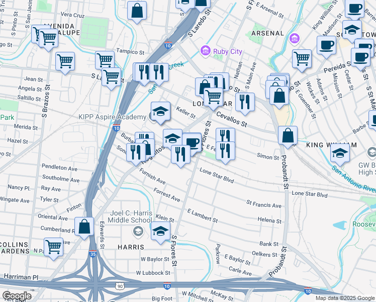map of restaurants, bars, coffee shops, grocery stores, and more near 120 West Lachapelle in San Antonio