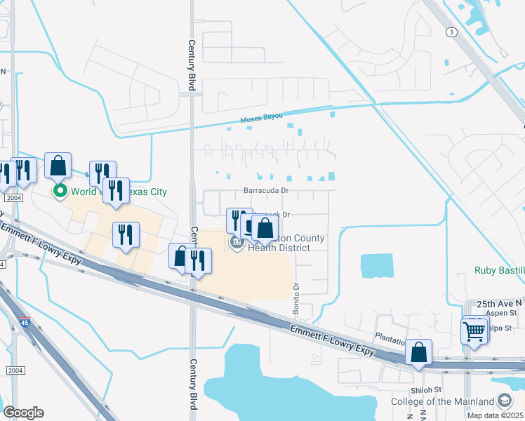 map of restaurants, bars, coffee shops, grocery stores, and more near 9422 Amberjack Drive in Texas City