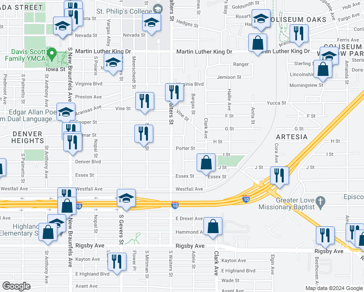 map of restaurants, bars, coffee shops, grocery stores, and more near in San Antonio