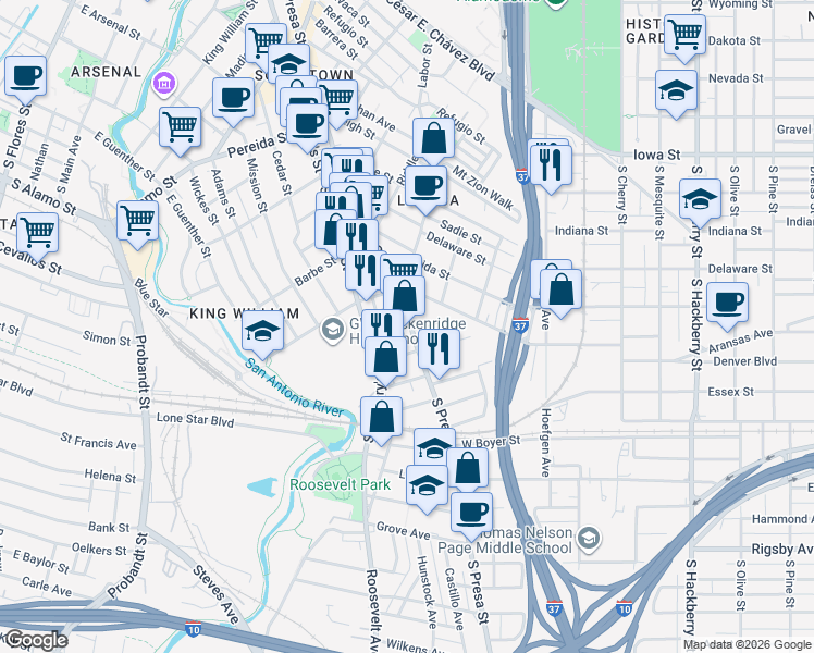 map of restaurants, bars, coffee shops, grocery stores, and more near 110 Kearney Street in San Antonio
