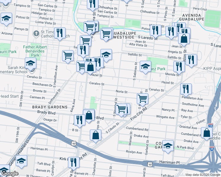 map of restaurants, bars, coffee shops, grocery stores, and more near 323 Noria Street in San Antonio
