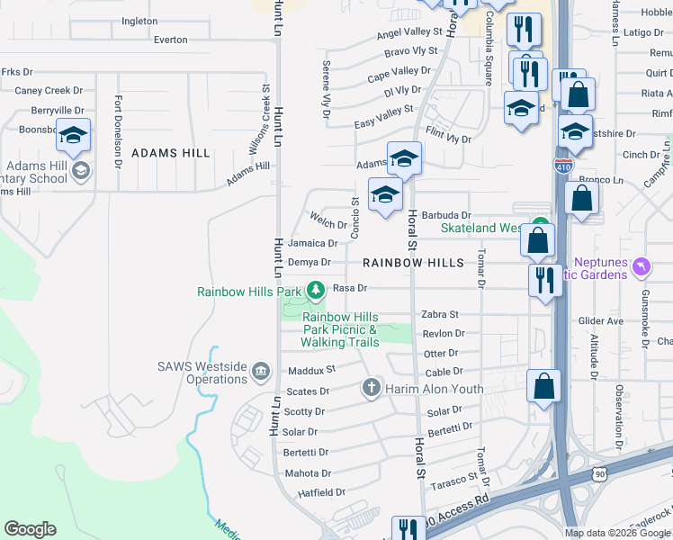 map of restaurants, bars, coffee shops, grocery stores, and more near 518 Demya Drive in San Antonio