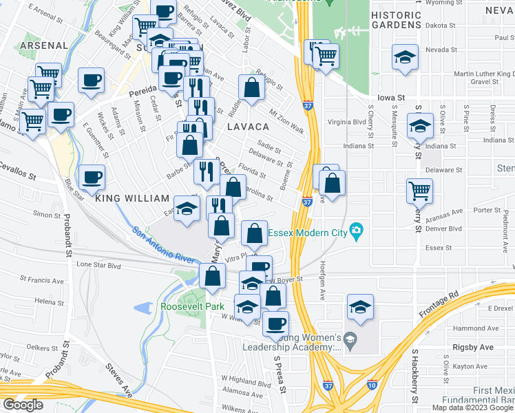 map of restaurants, bars, coffee shops, grocery stores, and more near 128 Kearney Street in San Antonio