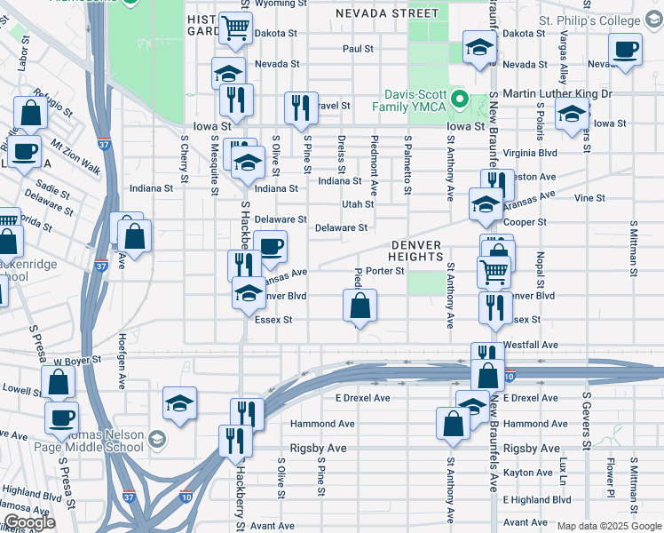 map of restaurants, bars, coffee shops, grocery stores, and more near 121 Porter Street in San Antonio