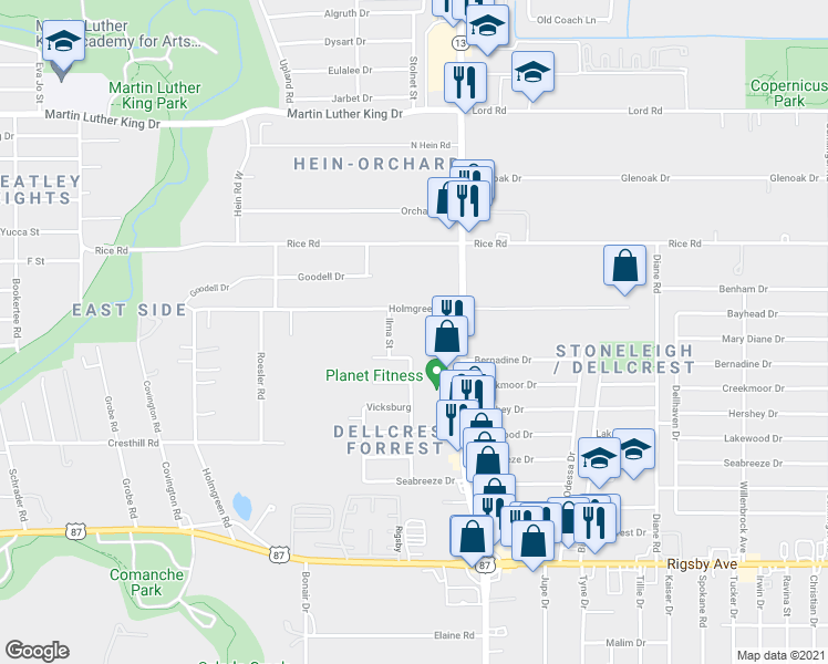 map of restaurants, bars, coffee shops, grocery stores, and more near 726 Holmgreen Road in San Antonio
