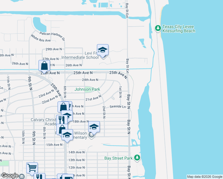 map of restaurants, bars, coffee shops, grocery stores, and more near 119 21st Avenue North in Texas City