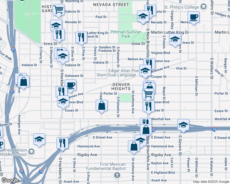 map of restaurants, bars, coffee shops, grocery stores, and more near 249 Porter Street in San Antonio