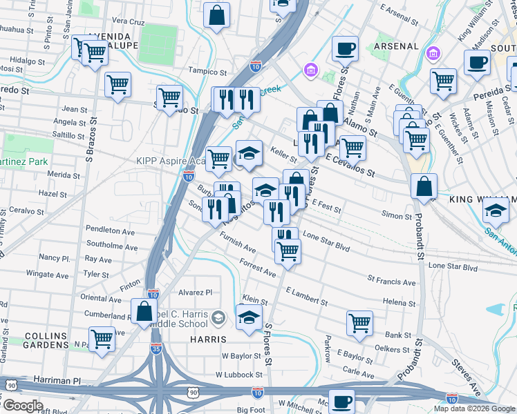 map of restaurants, bars, coffee shops, grocery stores, and more near 230 Cassiano Street in San Antonio