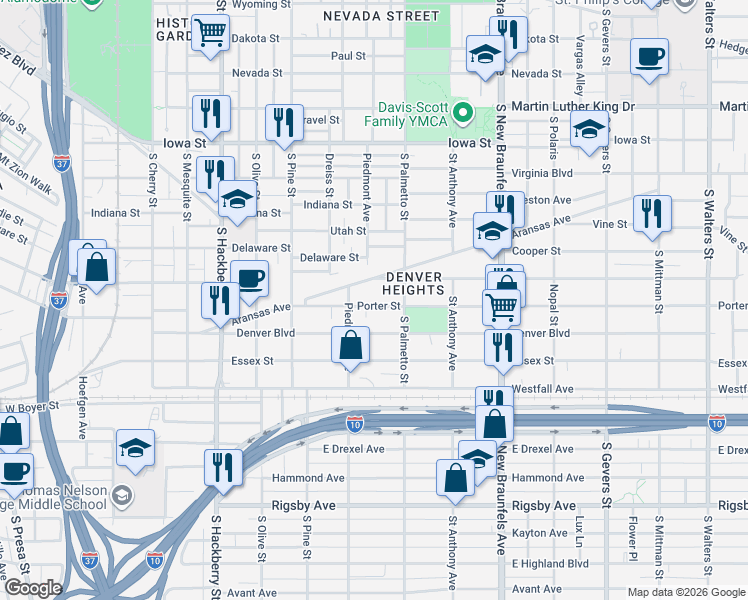 map of restaurants, bars, coffee shops, grocery stores, and more near 249 Porter Street in San Antonio