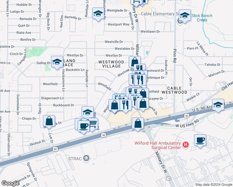 map of restaurants, bars, coffee shops, grocery stores, and more near Westfield Dr & Westward Dr in San Antonio