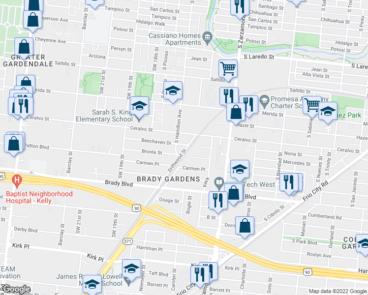 map of restaurants, bars, coffee shops, grocery stores, and more near 1910 Beechaven Drive in San Antonio