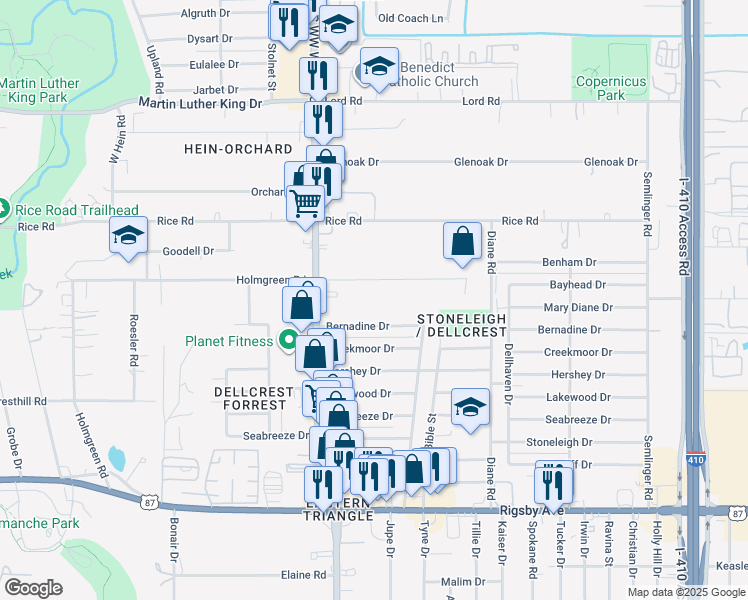 map of restaurants, bars, coffee shops, grocery stores, and more near 870 Holmgreen Road in San Antonio