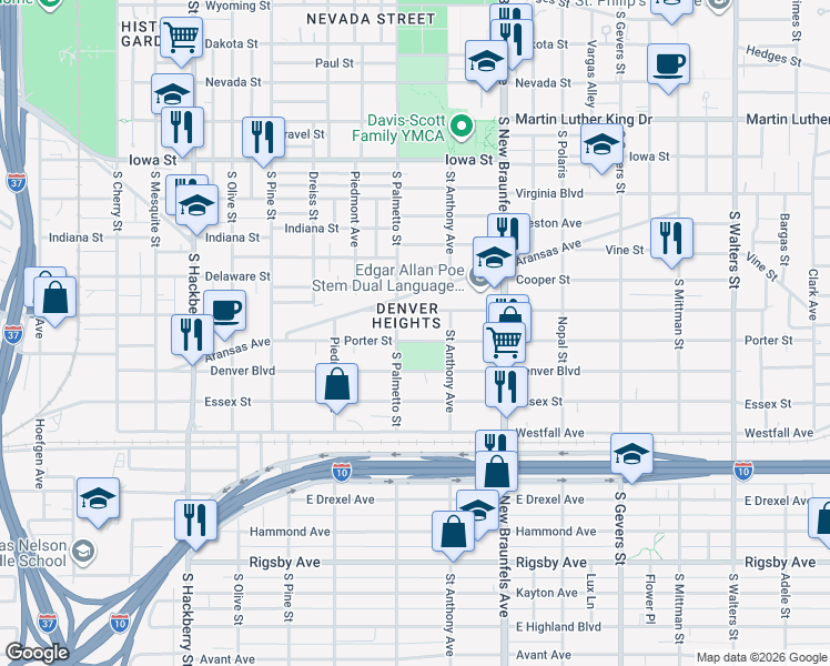 map of restaurants, bars, coffee shops, grocery stores, and more near 321 Porter Street in San Antonio
