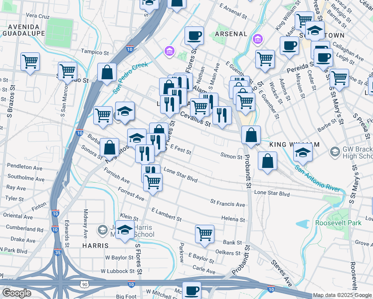 map of restaurants, bars, coffee shops, grocery stores, and more near 215 East Fest Street in San Antonio