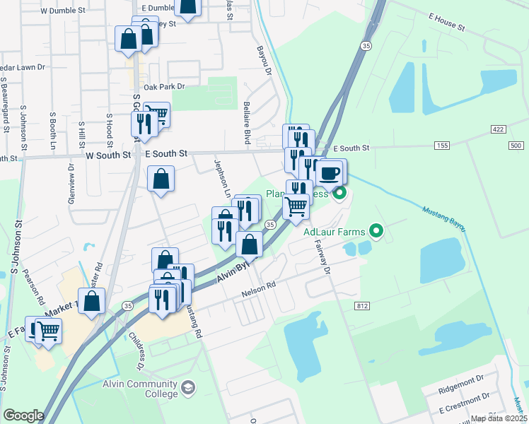 map of restaurants, bars, coffee shops, grocery stores, and more near 2400 Highway 35 Bypass in Alvin