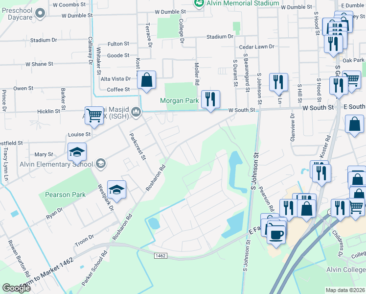 map of restaurants, bars, coffee shops, grocery stores, and more near 1413 Rosharon Road in Alvin