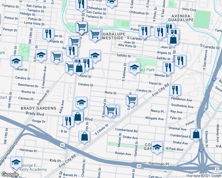 map of restaurants, bars, coffee shops, grocery stores, and more near 231 Noria Street in San Antonio