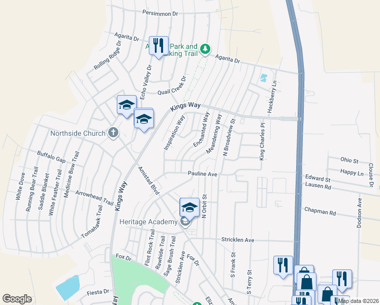 map of restaurants, bars, coffee shops, grocery stores, and more near 307 Enchanted Way in Del Rio