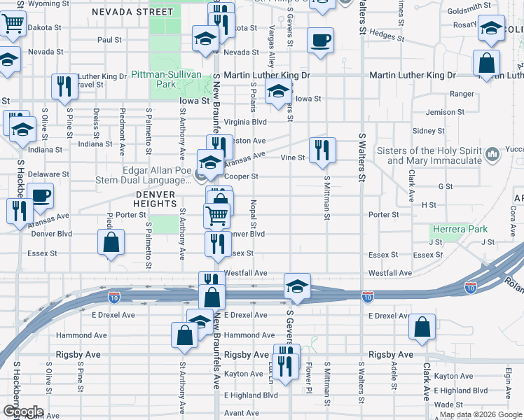 map of restaurants, bars, coffee shops, grocery stores, and more near 609 Porter St in San Antonio