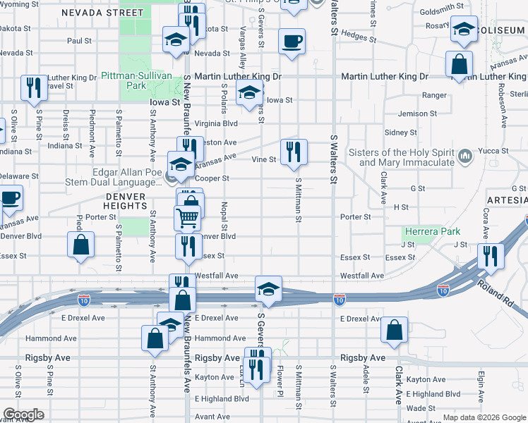 map of restaurants, bars, coffee shops, grocery stores, and more near in San Antonio