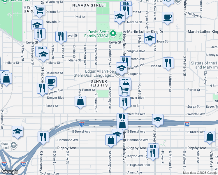 map of restaurants, bars, coffee shops, grocery stores, and more near 411 Porter Street in San Antonio