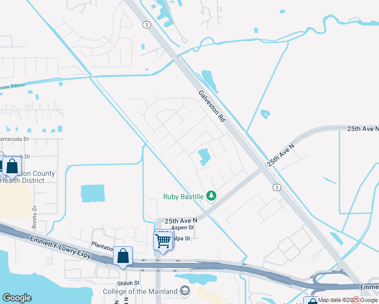 map of restaurants, bars, coffee shops, grocery stores, and more near 8205 Jade Court in Texas City