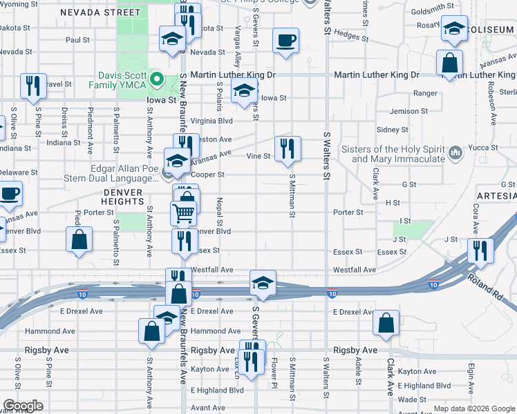 map of restaurants, bars, coffee shops, grocery stores, and more near in San Antonio
