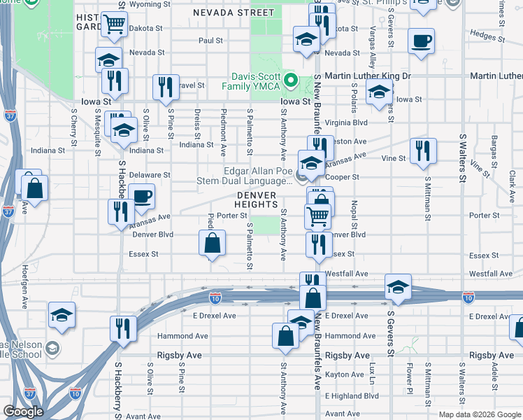 map of restaurants, bars, coffee shops, grocery stores, and more near 321 Porter Street in San Antonio