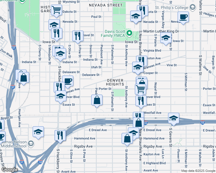 map of restaurants, bars, coffee shops, grocery stores, and more near 249 Porter Street in San Antonio