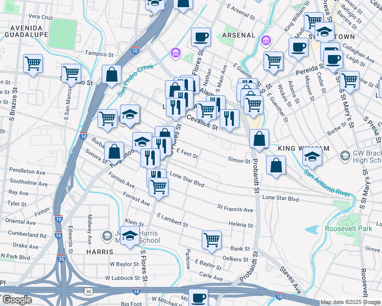 map of restaurants, bars, coffee shops, grocery stores, and more near 215 East Fest Street in San Antonio