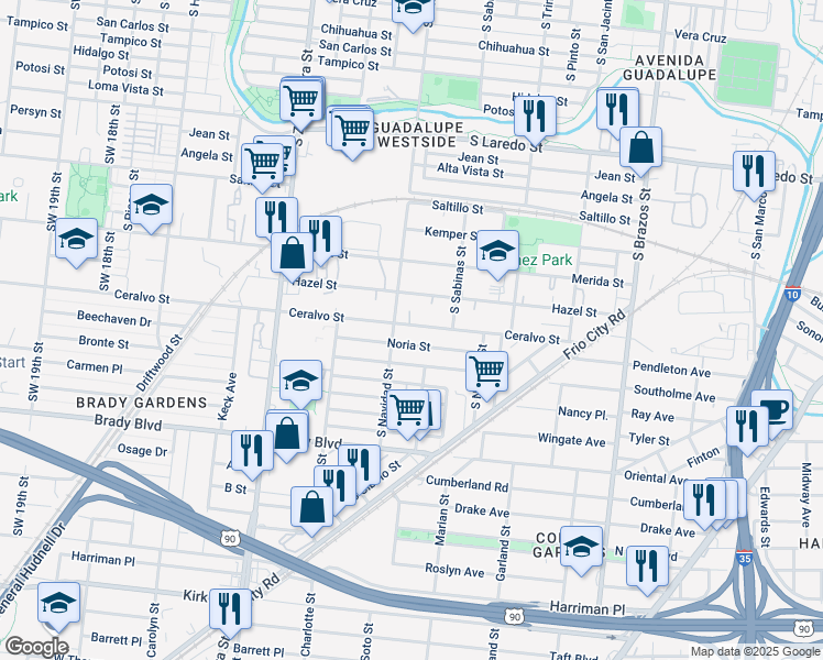 map of restaurants, bars, coffee shops, grocery stores, and more near 231 Noria Street in San Antonio