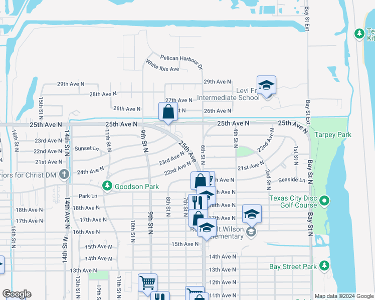 map of restaurants, bars, coffee shops, grocery stores, and more near 600 23rd Avenue North in Texas City