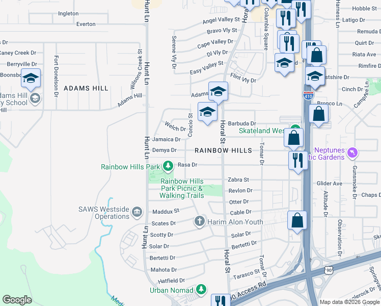 map of restaurants, bars, coffee shops, grocery stores, and more near 450 Demya Drive in San Antonio