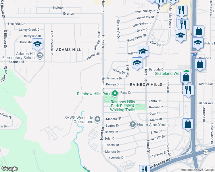map of restaurants, bars, coffee shops, grocery stores, and more near 546 Demya Drive in San Antonio