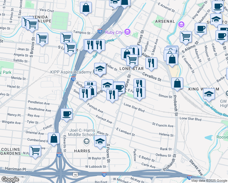map of restaurants, bars, coffee shops, grocery stores, and more near 120 West Lachapelle in San Antonio