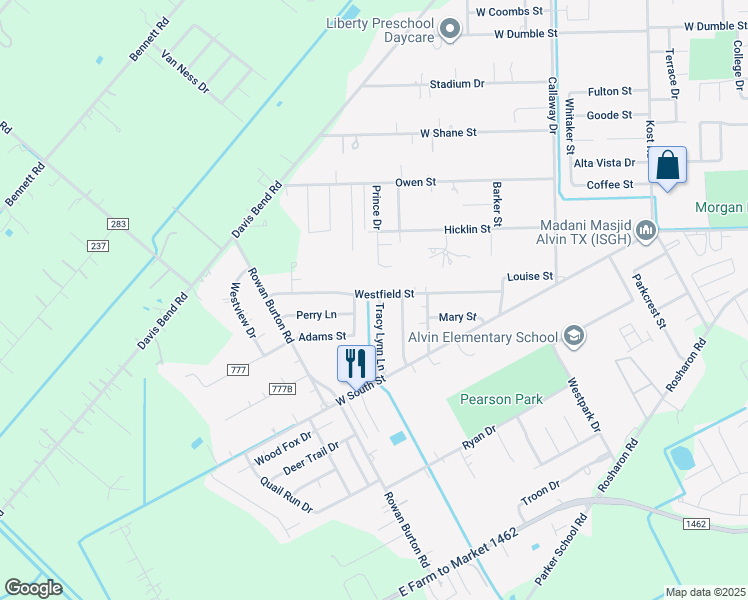 map of restaurants, bars, coffee shops, grocery stores, and more near 1900 Tracy Lynn Lane in Alvin