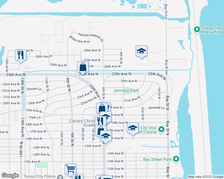 map of restaurants, bars, coffee shops, grocery stores, and more near 509 23rd Avenue North in Texas City