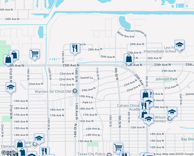 map of restaurants, bars, coffee shops, grocery stores, and more near 1104 Sunset Lane in Texas City