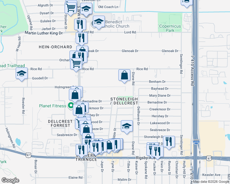 map of restaurants, bars, coffee shops, grocery stores, and more near 1008 Holmgreen Road in San Antonio