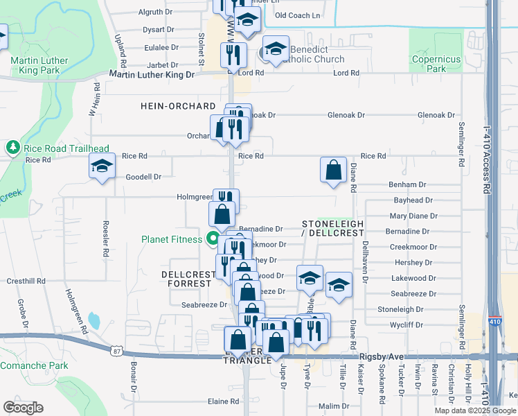 map of restaurants, bars, coffee shops, grocery stores, and more near 1520 South WW White Road in San Antonio